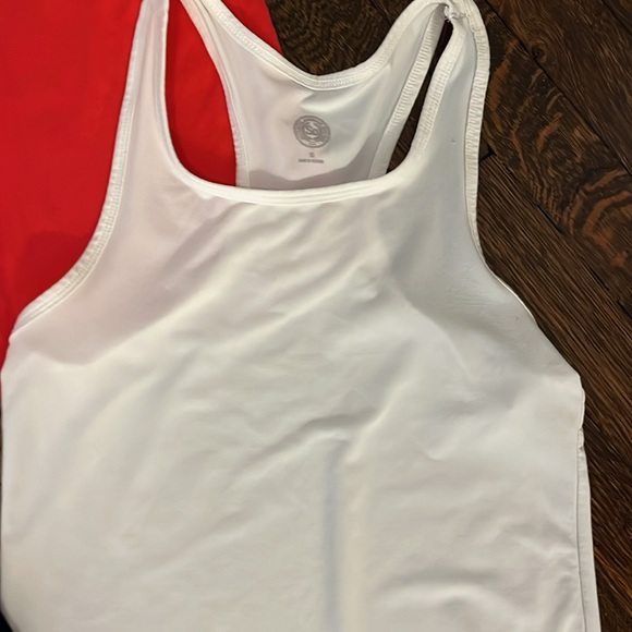 3 tank tops, two are razorback, red, black and white size small - Picture 3 of 4